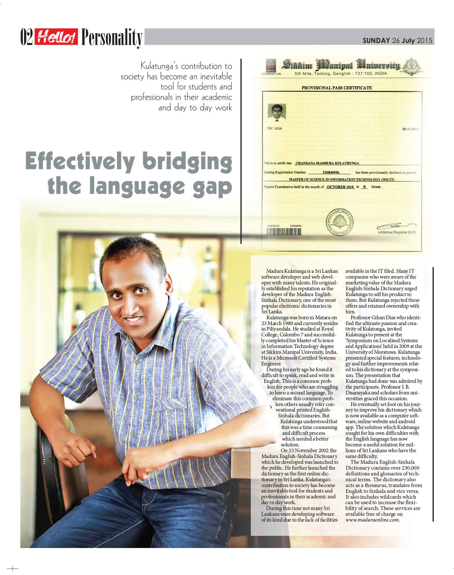 Effectively bridging the language gap - Ceylon Today Hello 26-July-2015 Page 2